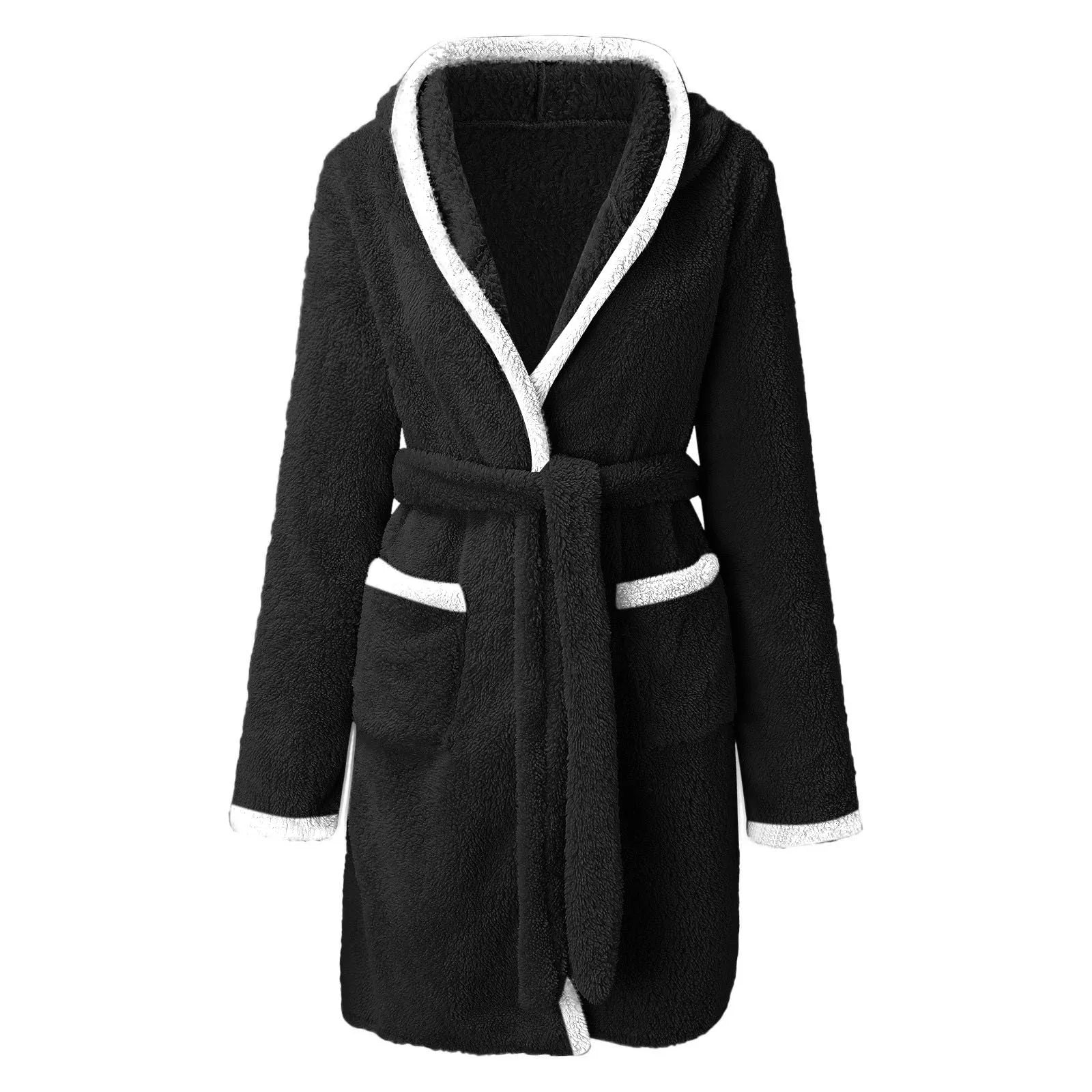 Women's Winter Casual Plush Robe Solid Color Matching Double Pocket Strappy Nightgown Fuzzy Bathrobe Coats Home Clothed Ladies