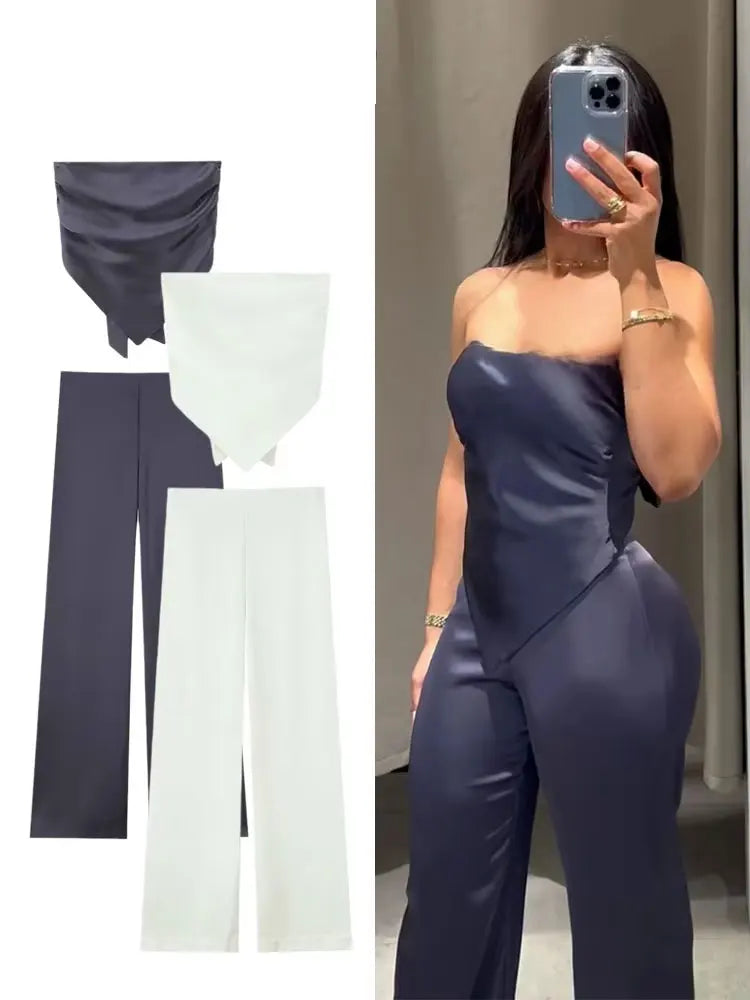 HH Elegant Solid Silk Texture Suit For Women Backless Lace Up Tube Top+High Waist Wide Leg Pants Women's Summer Fashion Set