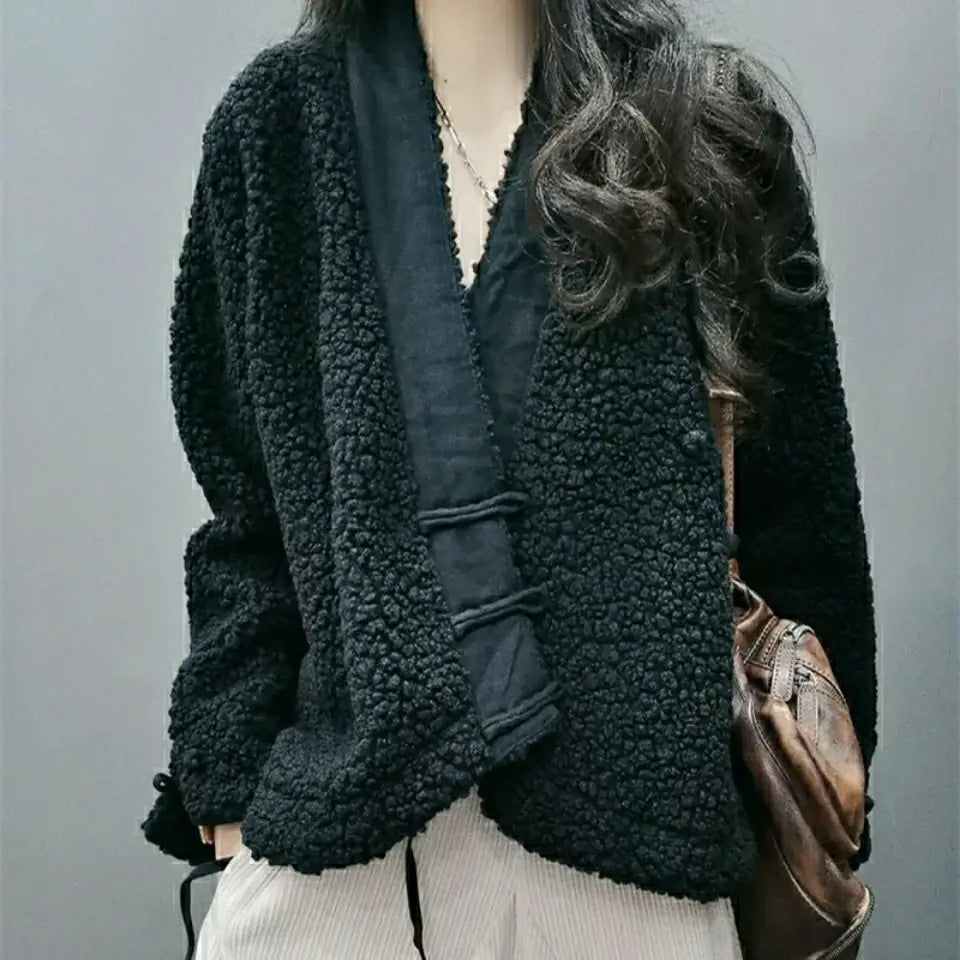 Vintage Jacket Winter New Loose Casual Diagonal Button Short Coat Women Jacket Outerwear Coats Casual Jackets Winter