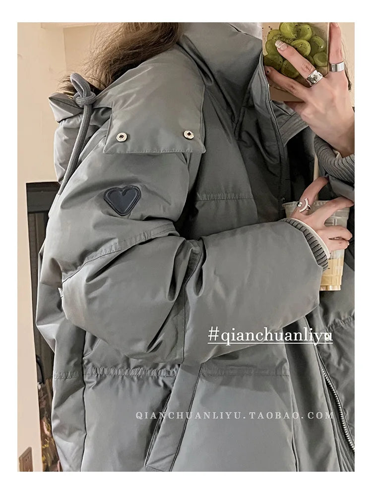 Women's Down Cotton Jacket Hooded Coat Winter Cotton Comfortable Thick Warm Love Embroidery Loose Jacket Snow Coat Clothing