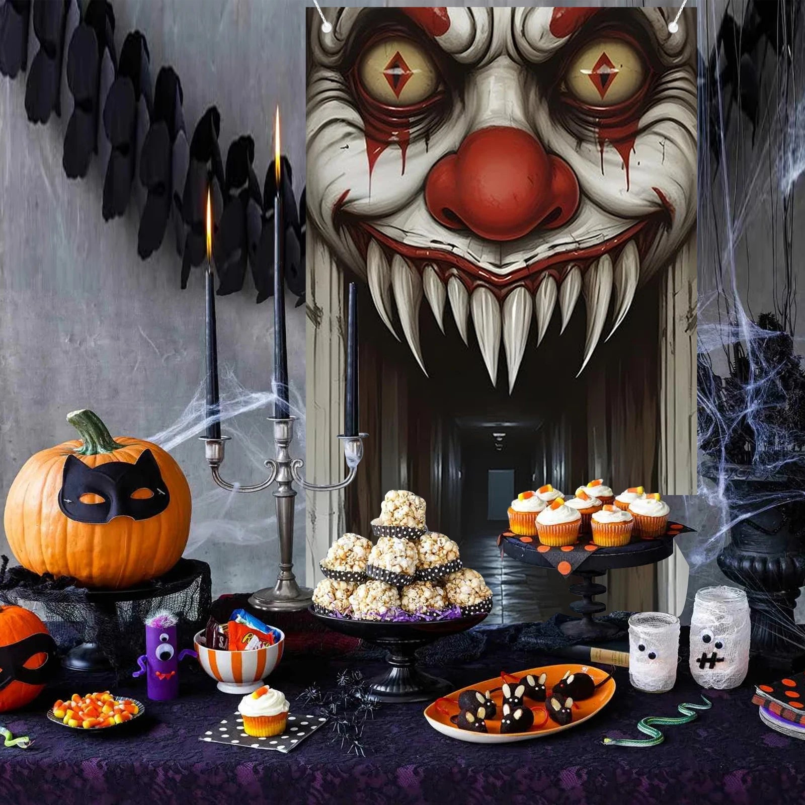 Halloween Decorations Door Cover,Spooky Witch and Zombie Theme Wall Decor,Indoor Outdoor Haunted House Themed Decoration 2D Scen