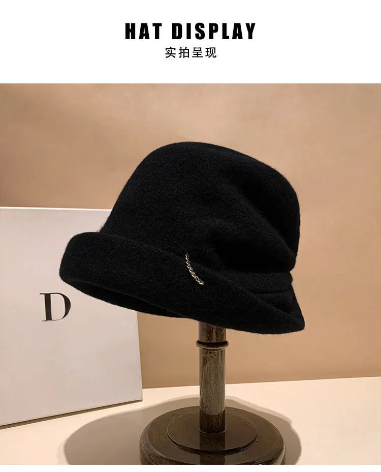 Winter Hat for Women Soft Warm Wool Cap Adjustable Ladies Beanie Cloche Bucket Hat Crushable Ski Hat Upturn Brim Church Hat