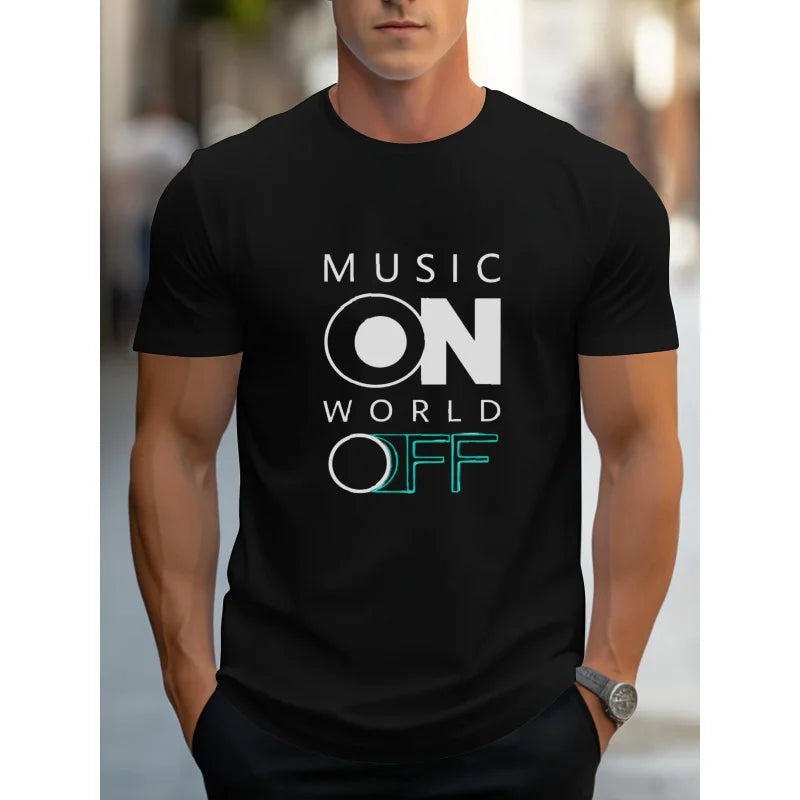 Men's T-Shirt White Music ON World OFF Printed Pattern High Quality Cotton 180g