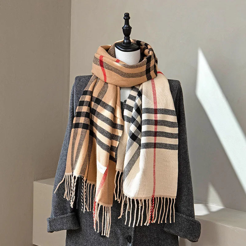 Autumn and Winter New Arrival Tassel Long Scarf Striped Fashion Cowl Neck Warm Fuzzy Color Block Wrap