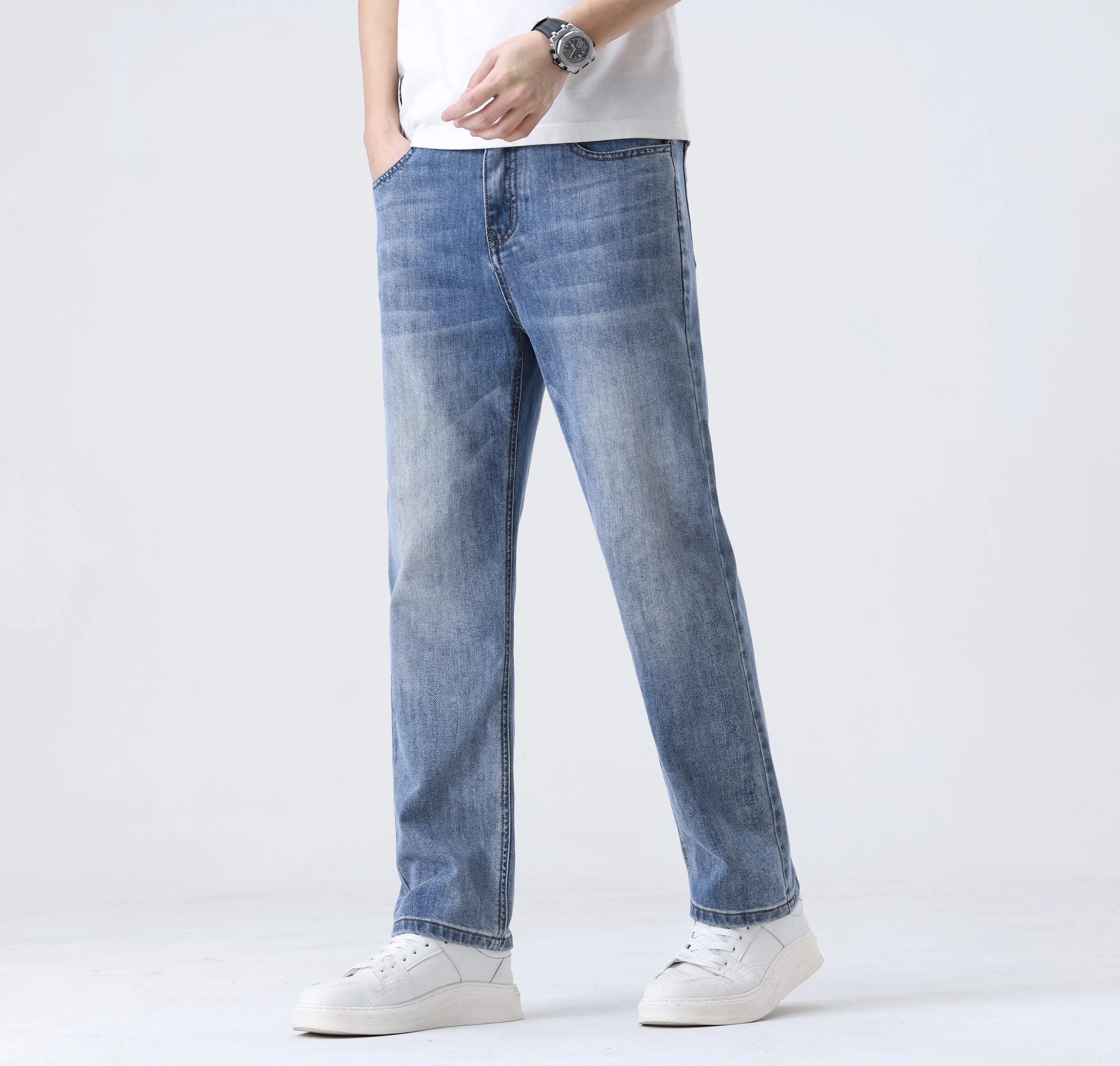 2025 New Loose Straight Leg Jeans for Men  Comfort Thin Stretch Cotton Blend Moisture-Wicking Casual Trousers for Daily Wear