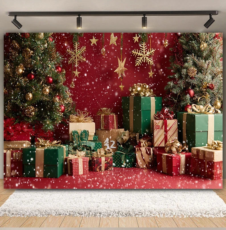 Christmas Day Decor Backdrop for Photography Xmas Tree Red Room Wall Glitter Gift Family Holiday Portrait Decor Photo Background