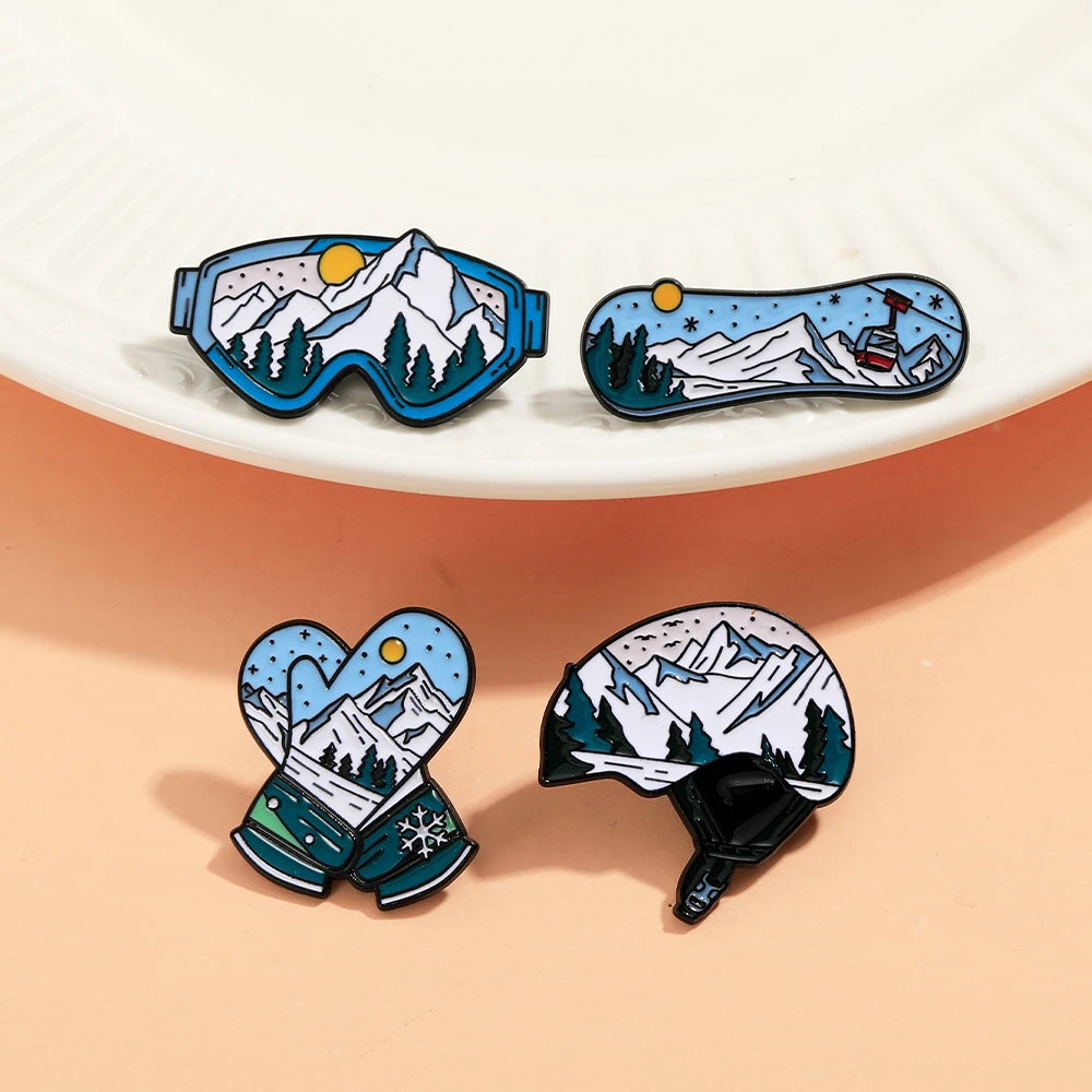 Winter Skiing Equipment Design Enamel Pins Snow Mountain Pattern Snowboard Helmet Snow Goggles Glove Shaped Brooches