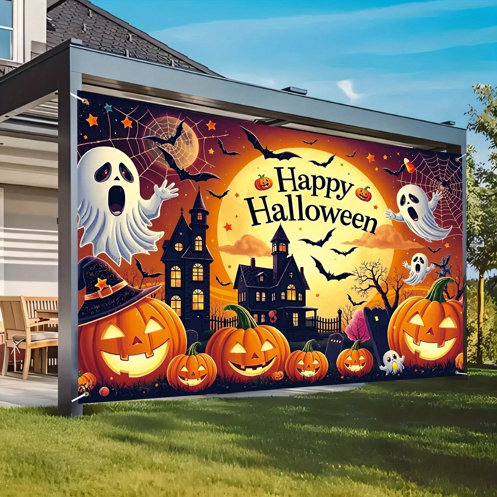 Halloween Happy background banner, Ghost castle pumpkin ghost, carnival, festival, celebration event, party decoration