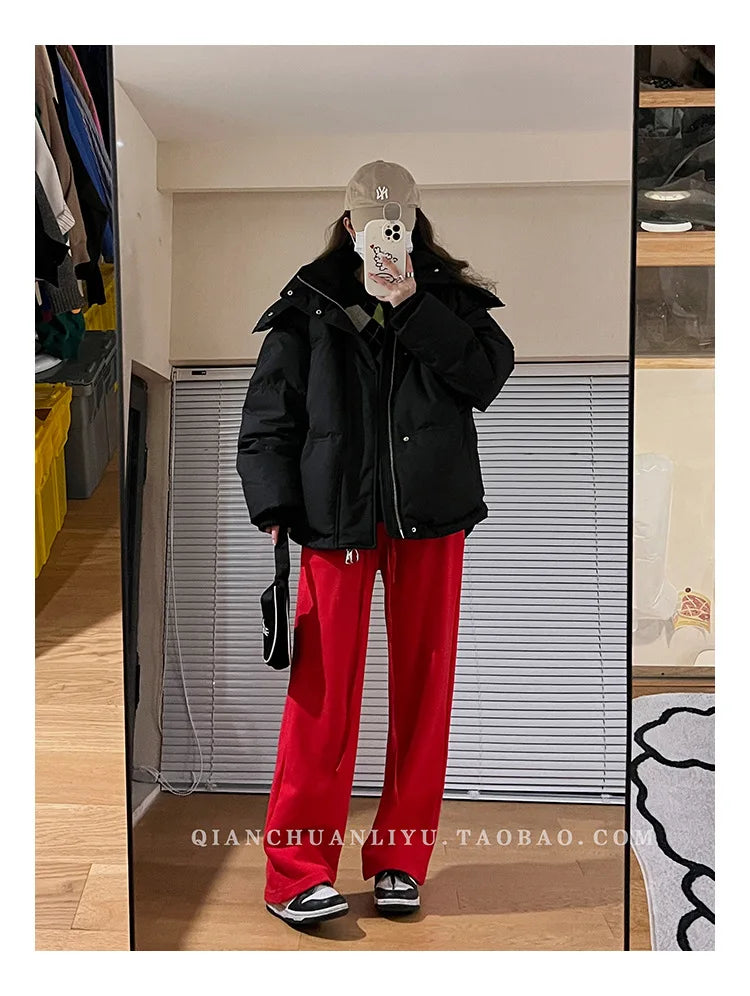 Women's Down Cotton Jacket Hooded Coat Winter Cotton Comfortable Thick Warm Love Embroidery Loose Jacket Snow Coat Clothing