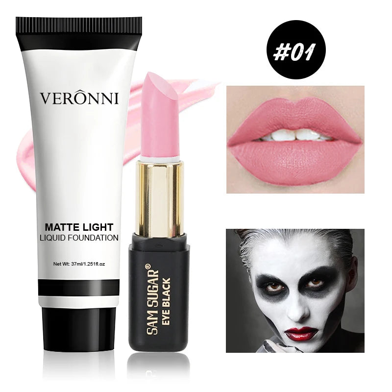 Halloween Dark Makeup Matte LipstickWhite Liquid Foundation Face Body Painting Base for Cosplay Mardi Gras Carnival Natural Look