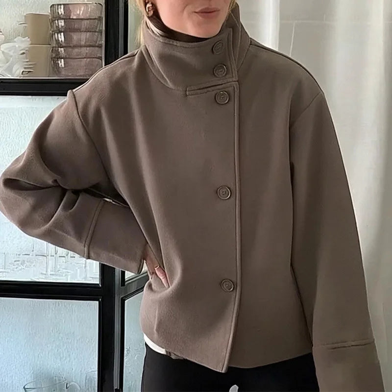 2025 Fall and Winter Women's Jacket Elegant Stand Collar Single Breasted Buttoned Loose Coat Woolen Solid Women Coat Outwears