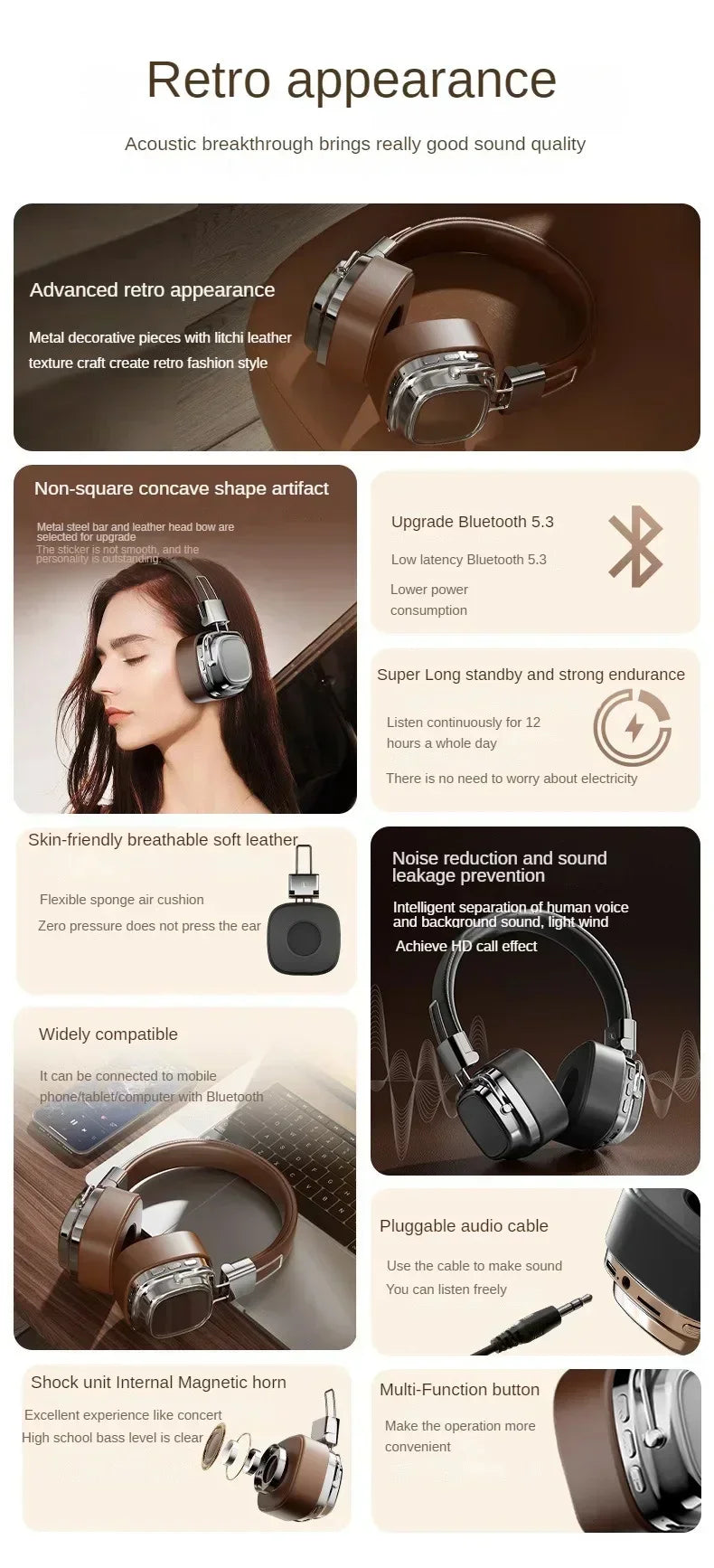 2025 New 5.3 Foldable Wireless Bluetooth Headsets Headset Gamer Choice Retro Over Ear Headphones DJ Stereo Sounds Bluetooth