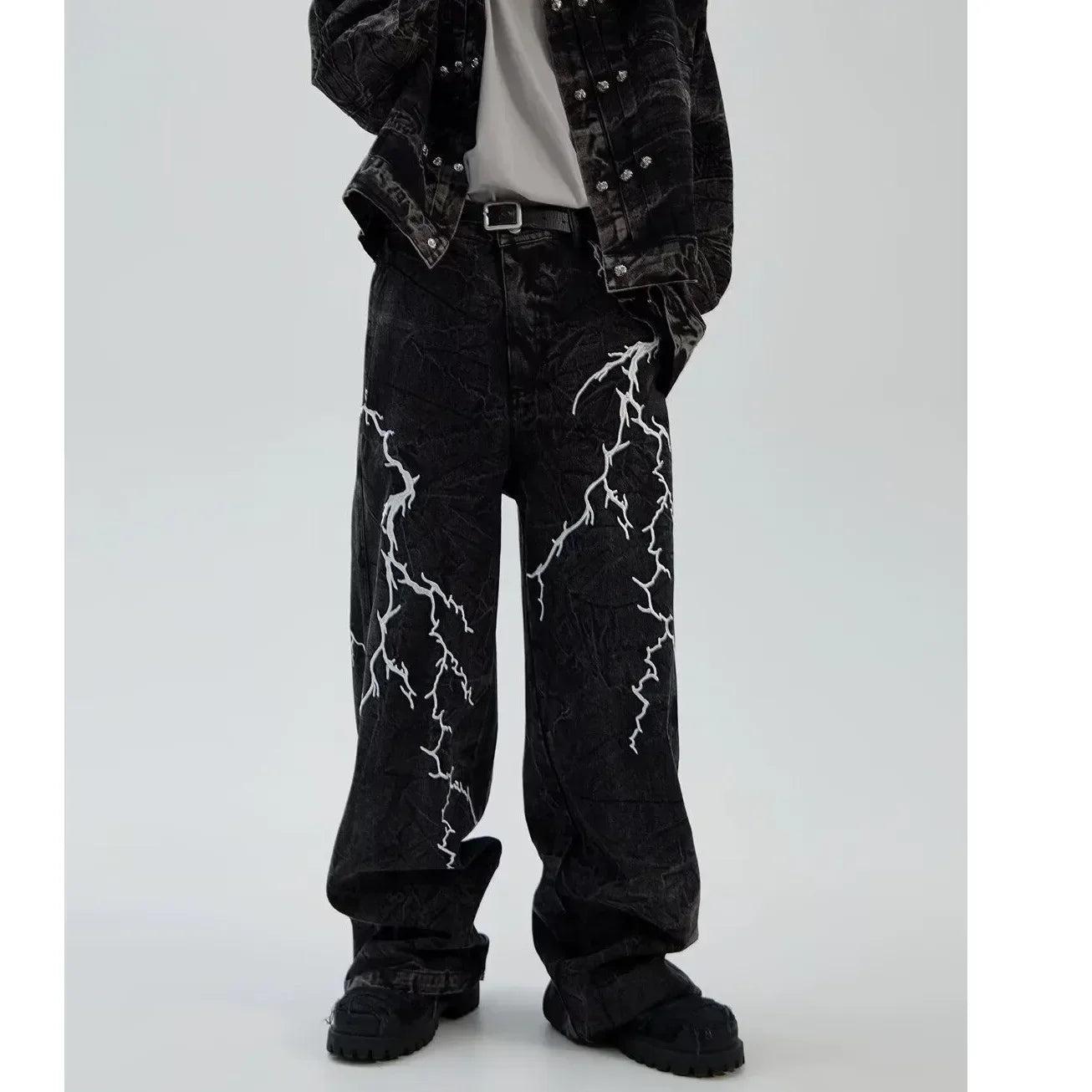 2024 American Washed Flare Jeans, Wide-leg Long Pants with Lightning Embroidery for Both Men and Women on High Street.