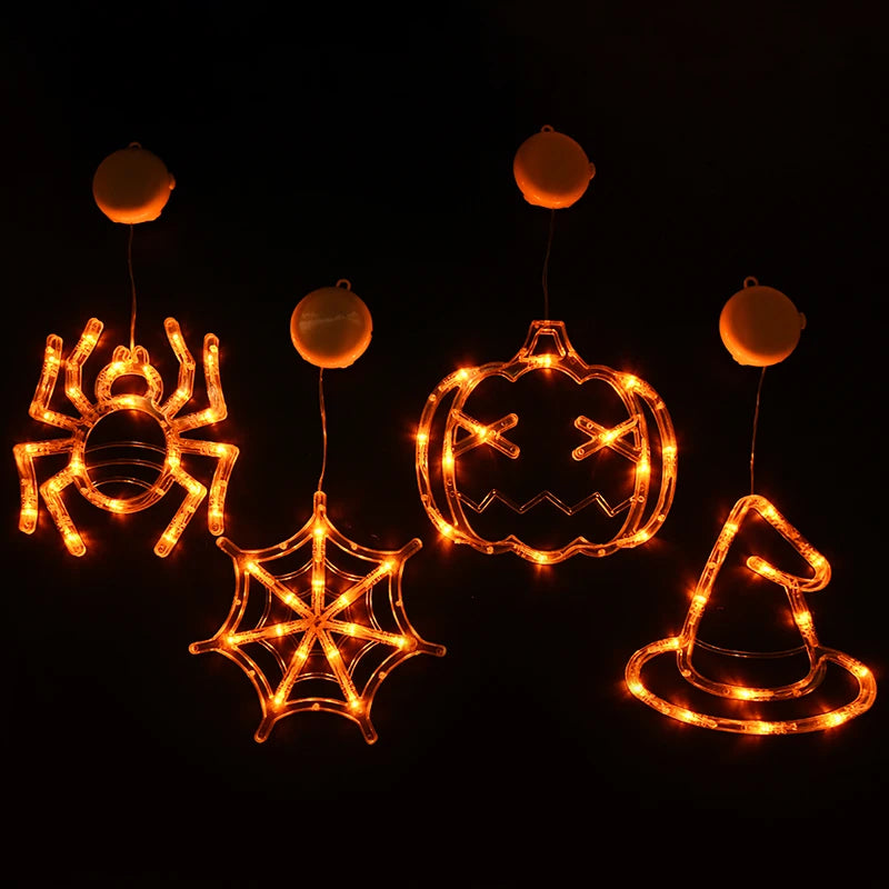 Halloween Orange Window Light Orange Pumpkin Ghost Witch Hat Design LED Sucker Lamp Bar Home Party Hanging Decor Without Battery