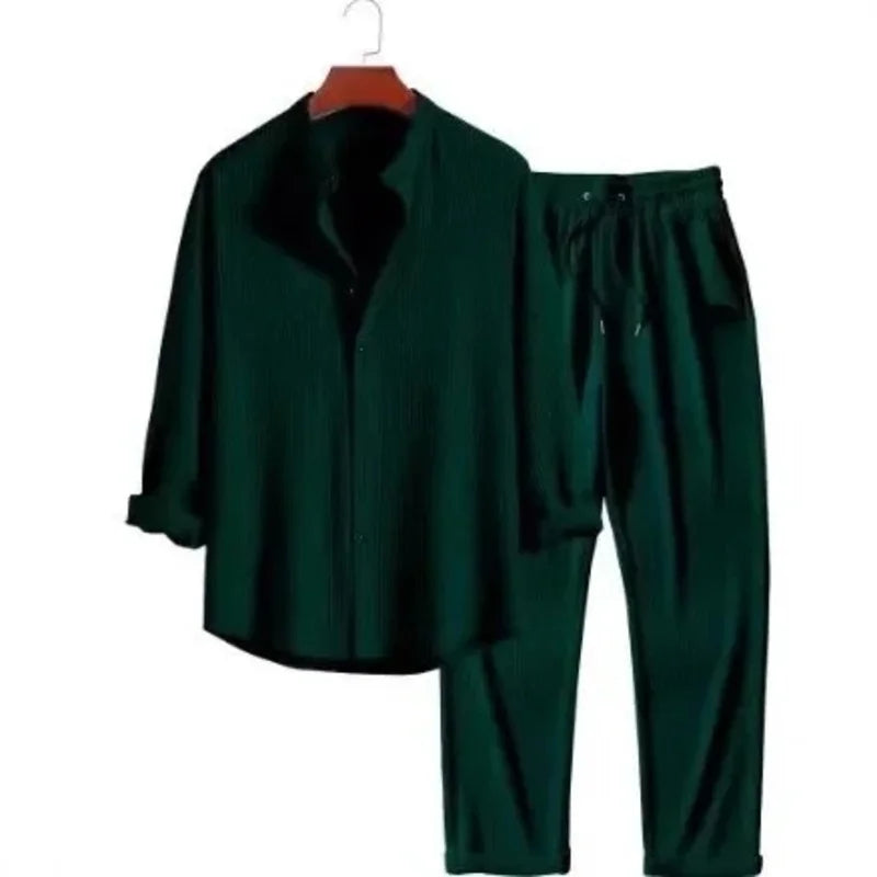 Two-piece set of single-buttoned shirts for men, solid shirts with drawstring, straight pants.