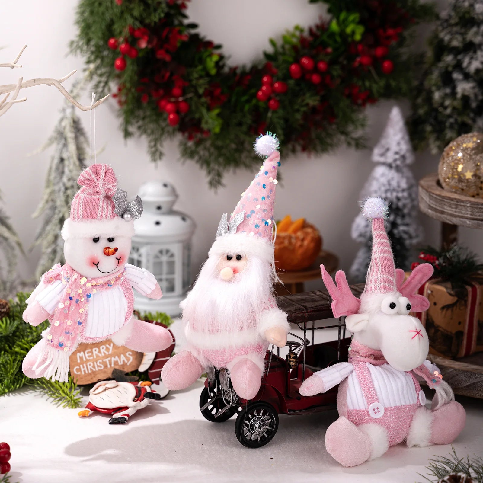 Christmas Decorations: Pink Sequined Scarf, Snowman, Pink Overalls, Reindeer, Pink Sequined Pointed Hat, Santa Claus Home Decor