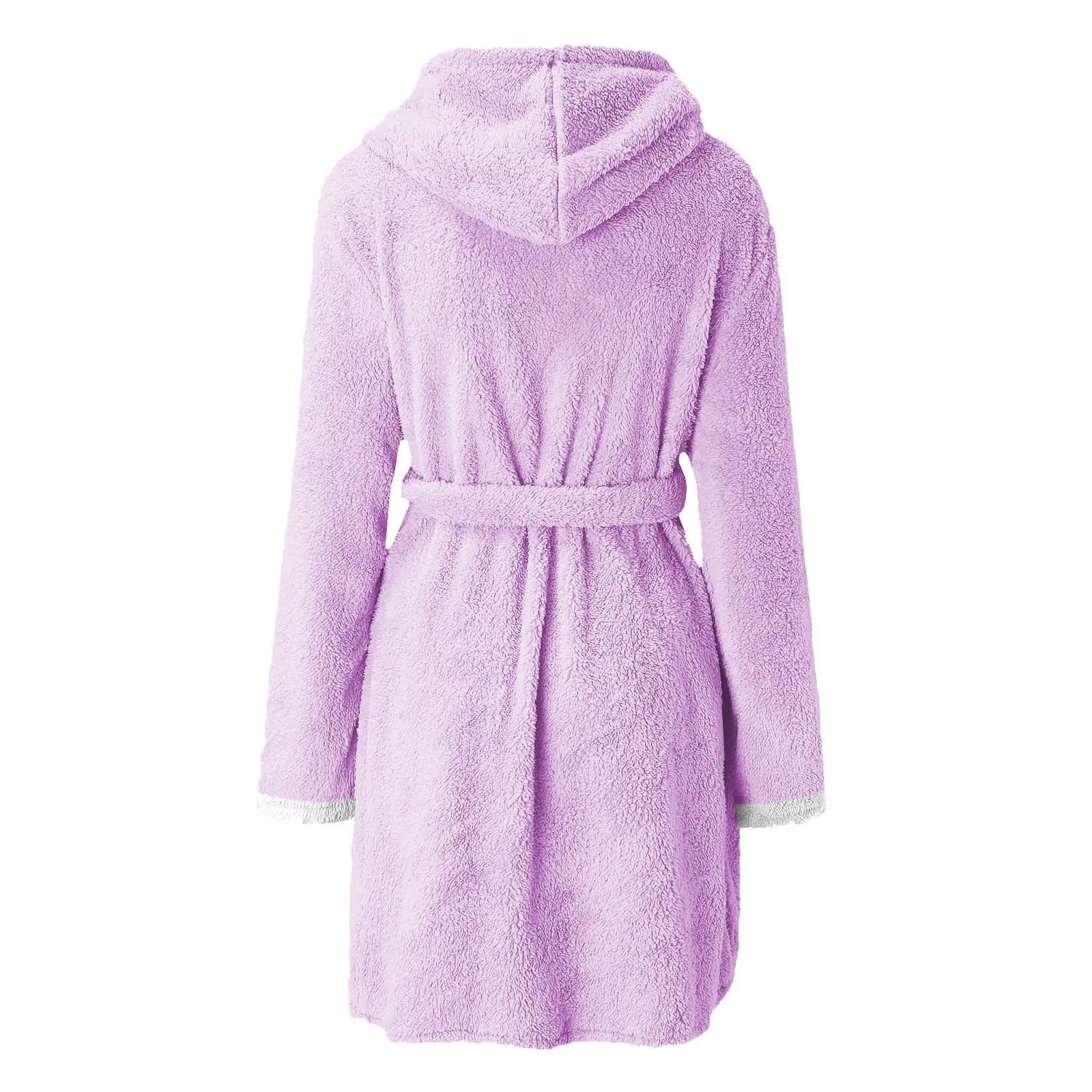 Women's Winter Casual Plush Robe Solid Color Matching Double Pocket Strappy Nightgown Fuzzy Bathrobe Coats Home Clothed Ladies