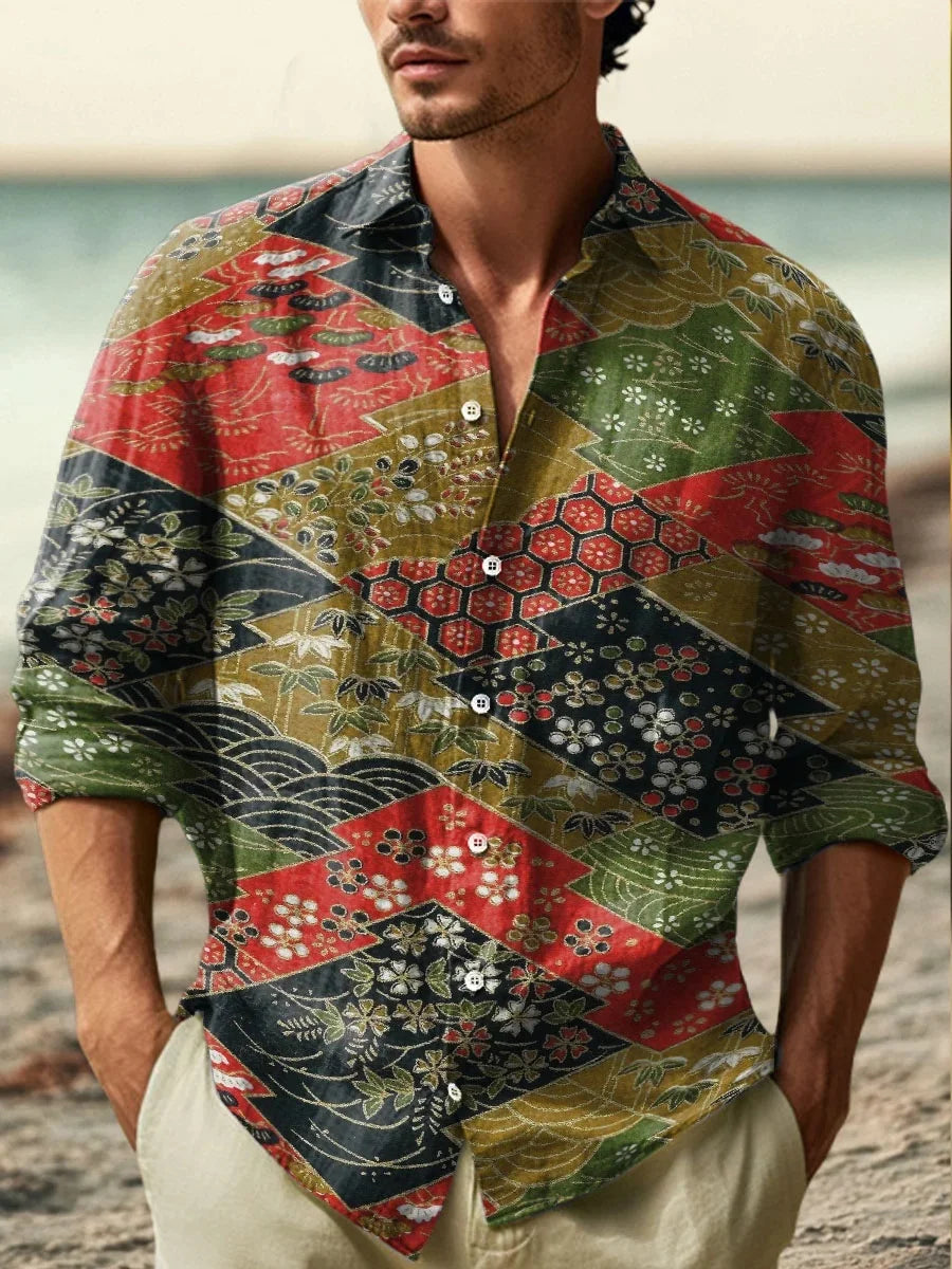 The new men's shirt is a fashionable and artistic printed linen shirt. The high-quality shirt fabric is comfortable