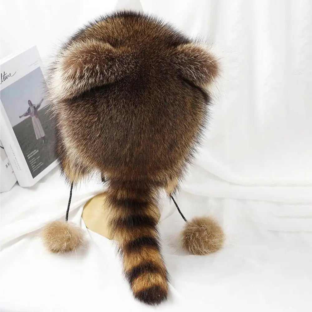 Winter Hat for Kids Adults Racoon Shape Outdoor Cap Faux Fur Thermal Isolation Windproof Unisex Furry Ball Decor Headwear