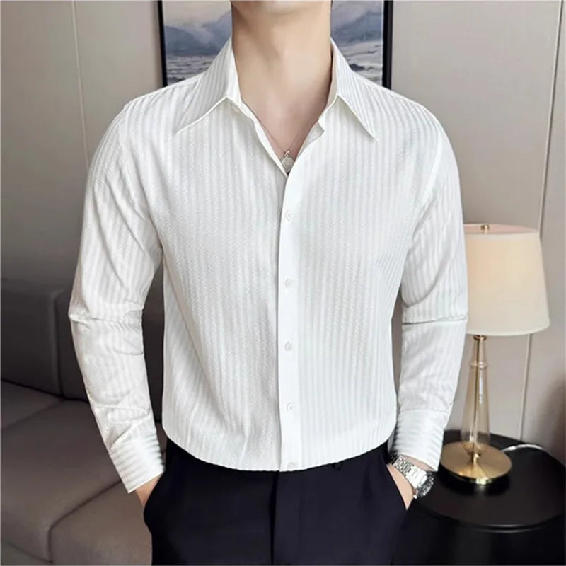 High Quality Men's Shirts Long Sleeve Striped Smart Casual Shirts Men Fashion Turn Down Collar Slim Fit Formal Office Shirt Tops