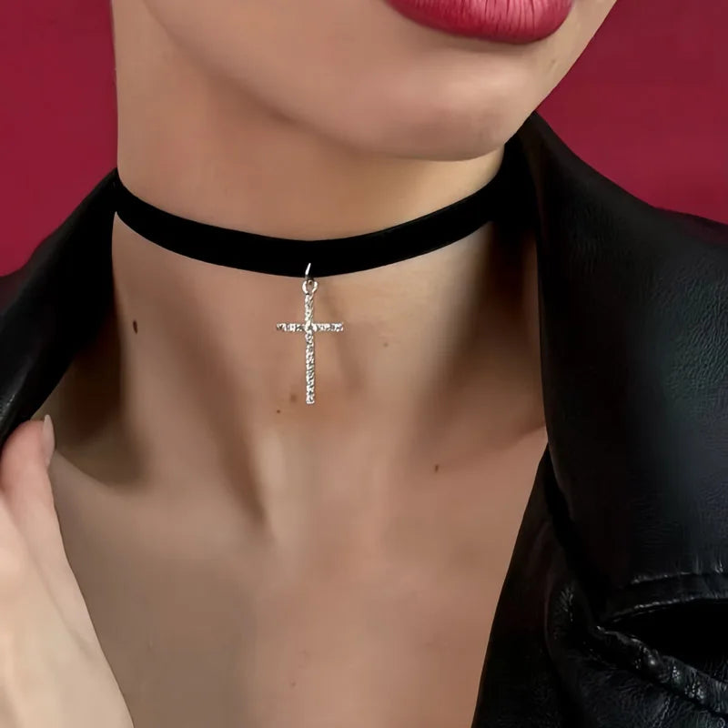 Sexy Choker for Women Bow Lace Tie Zircon Cross Necklace Clavicle Lady Jewelry Accessories Girl Gift