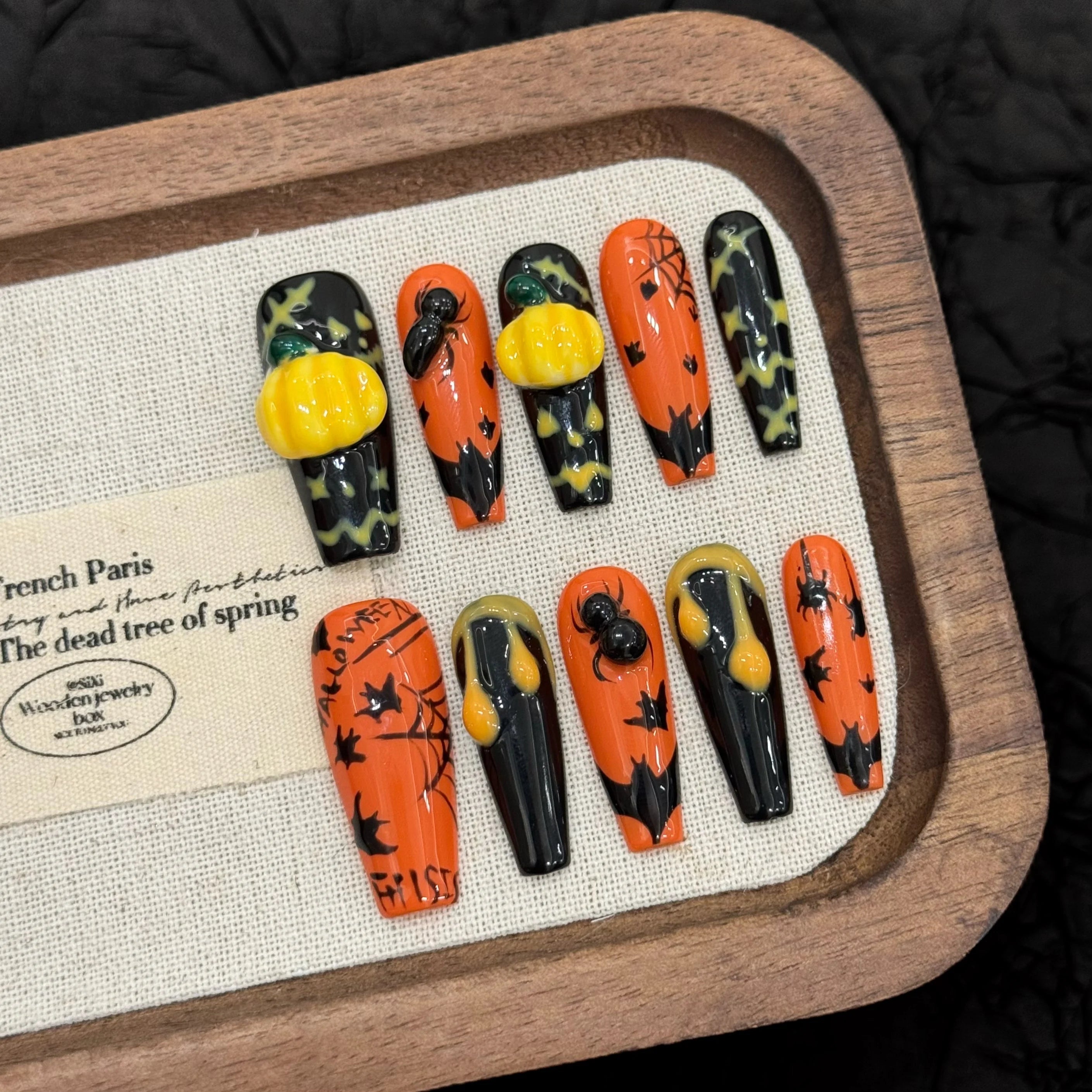 “Halloween Collection” Cross-Border Export Funny Pumpkin Halloween Atmosphere Handmade Nail Stickers, Press-On False Nails 10pcs