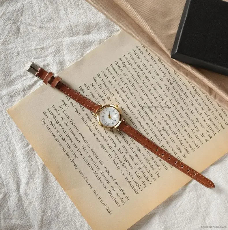 Women Brown White Small Round Watches Versatile Thin Strap Leather Band Ladies Quartz Watch Wristwatch Clock Reloj Mujer