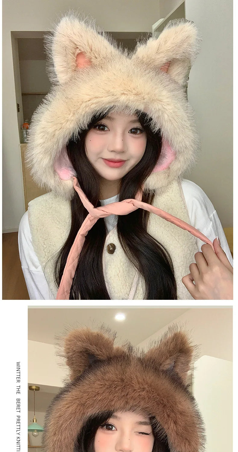 Winter Hat Thicken Ski Beanie Hat for Women Balaclava Spicy Girl Style Cat Girlfriend Hat Outdoor  Warm Protection Accessories