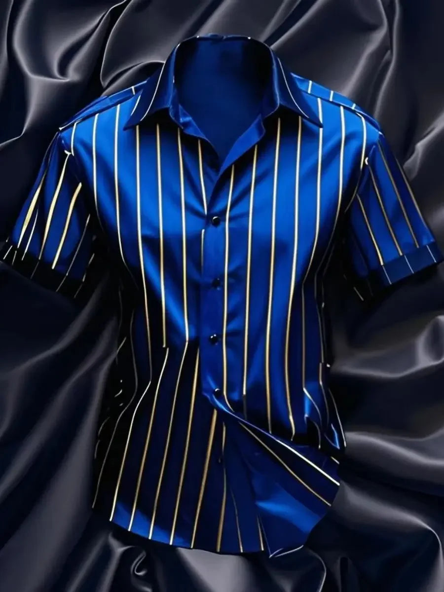 Men's fashion striped shirt, elegant casual comfortable breathable, short sleeves, lapel buttons, soft and comfortable material