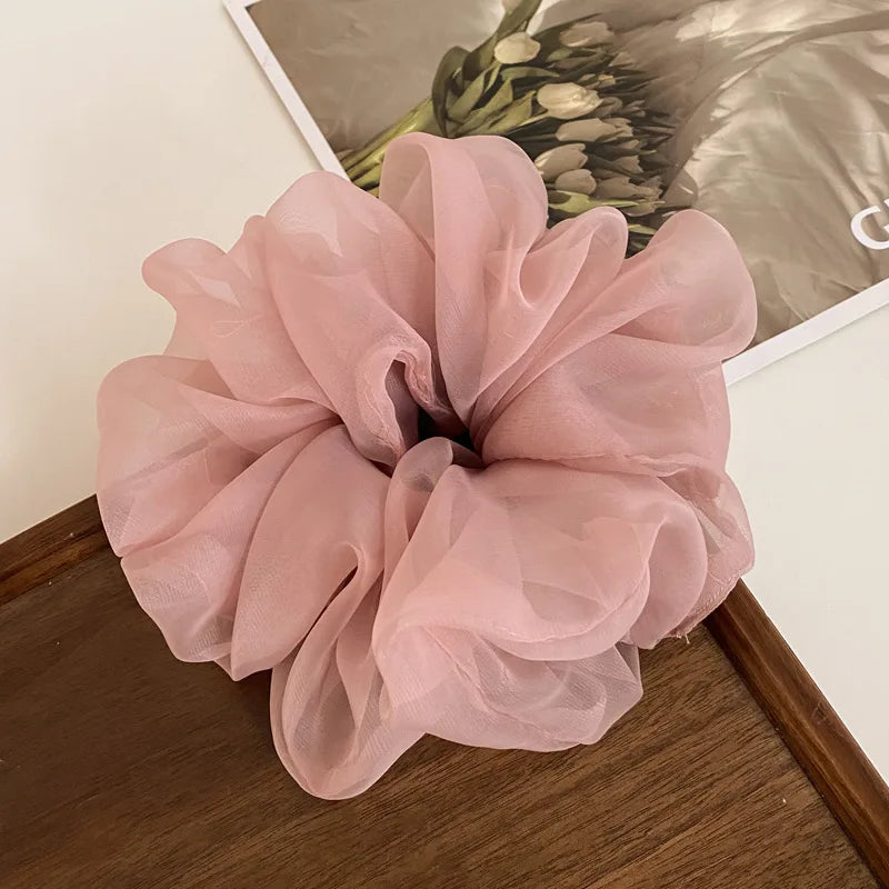 New Woman Large Solid Color Chiffon Scrunchies Elegant Women Mesh Rubber Band Black Beige Pink Ponytail Holders Hair Accessories