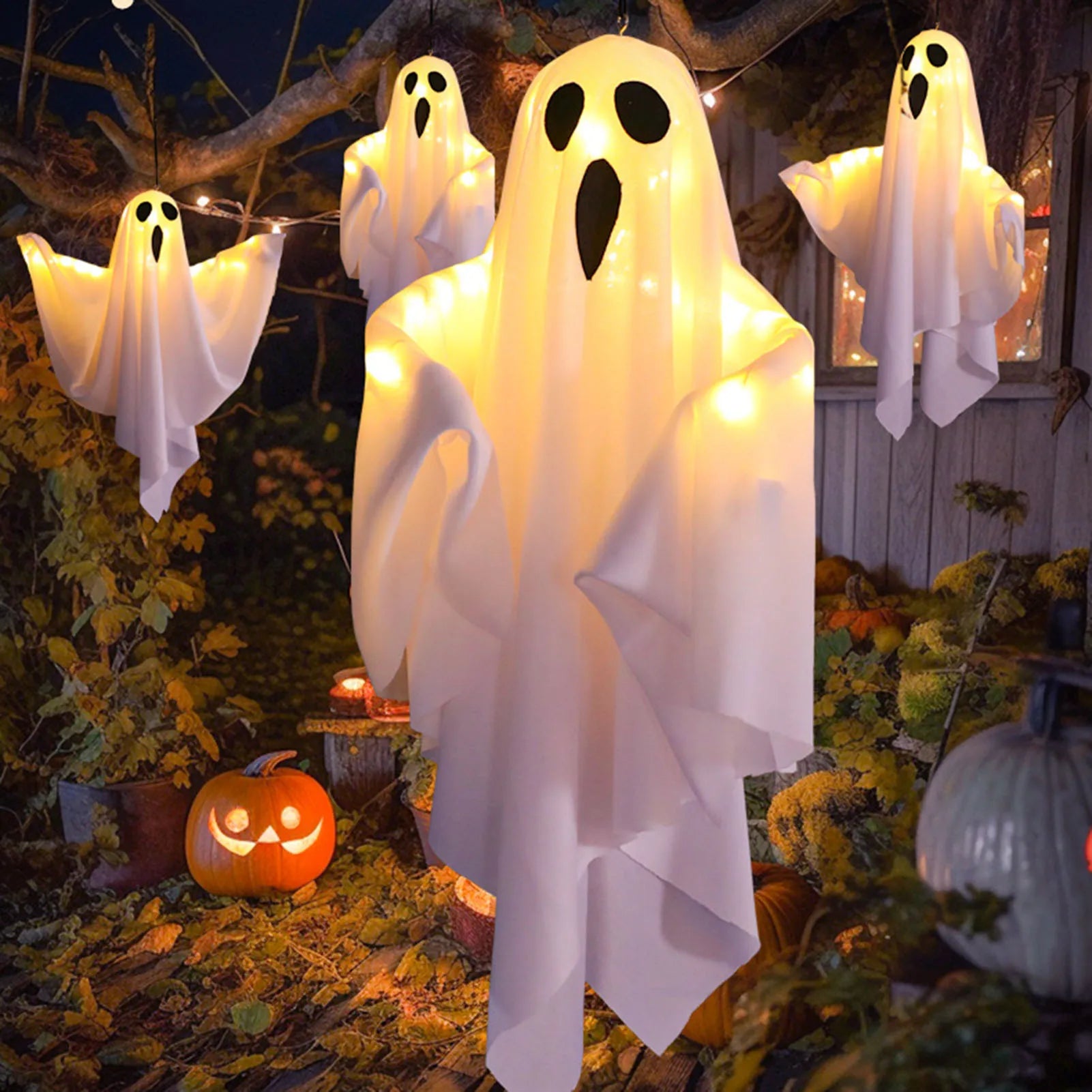 Halloween LED Ghost Lights Decorations Adjustable Hanging Spooky Decor for Halloween Party Home Outdoor Decoration
