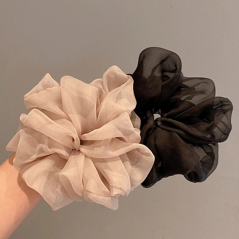 New Woman Large Solid Color Chiffon Scrunchies Elegant Women Mesh Rubber Band Black Beige Pink Ponytail Holders Hair Accessories