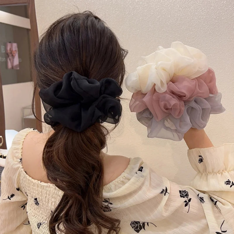 New Woman Large Solid Color Chiffon Scrunchies Elegant Women Mesh Rubber Band Black Beige Pink Ponytail Holders Hair Accessories