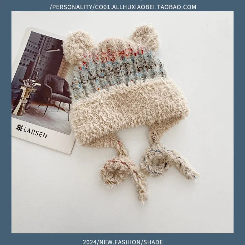 Winter Cute Cartoon Bear Ears Mixed Color Plush Pullover Hat Women Winter Warm Straps Ear Protectors Knitted Skull Beanie Cap