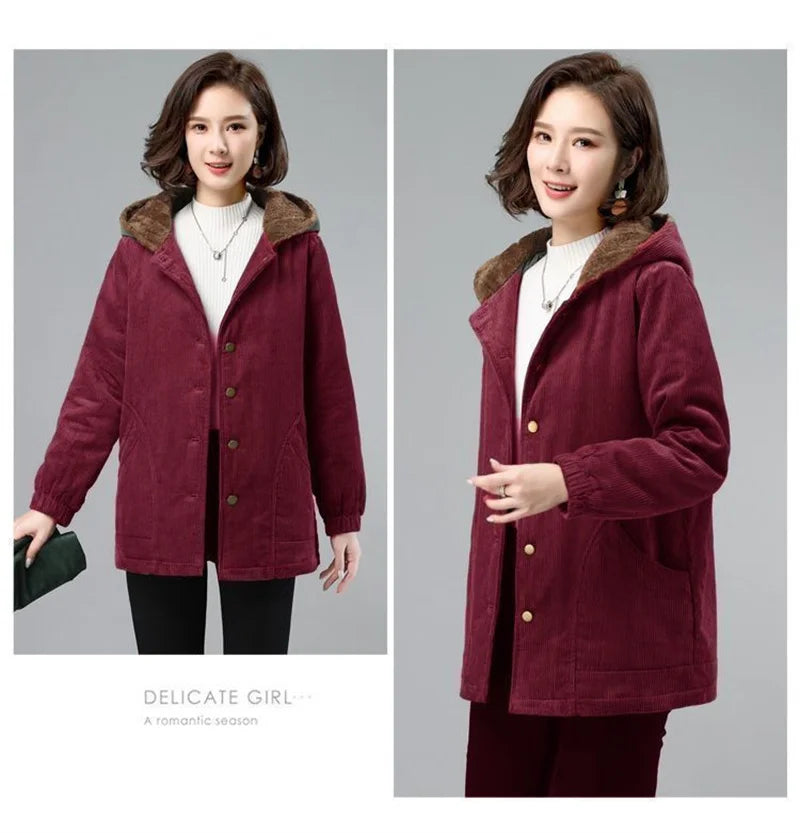 Women Corduroy Jackets 2025 New Autumn Winter Solid Loose Coat Female Casual Middle-Aged Plus Velvet Warm Hooded Ladies Overcoat