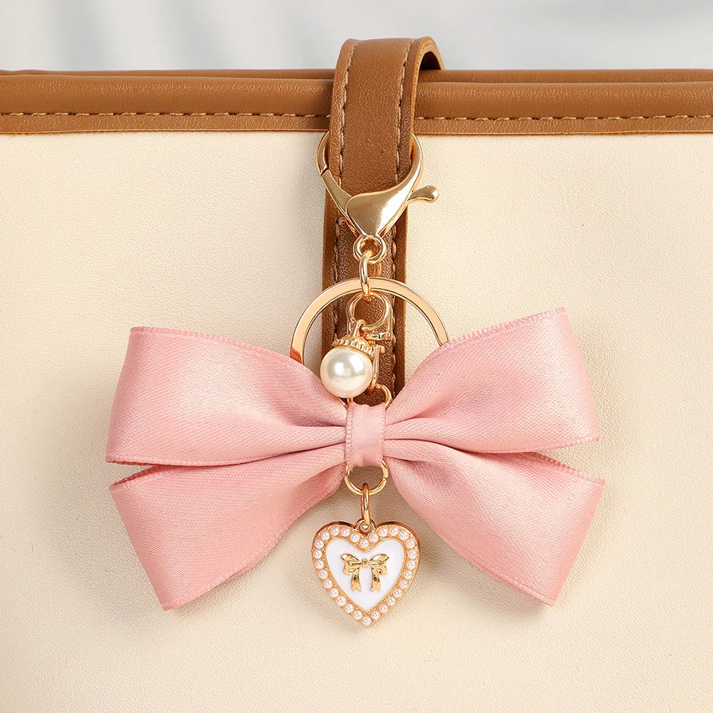 Imitation Pearl Keychain Sweet Fashion Ribbon Bowknot Keyring Accessories Metal Buckle Women Bag Charms Best Gifts Jewelry