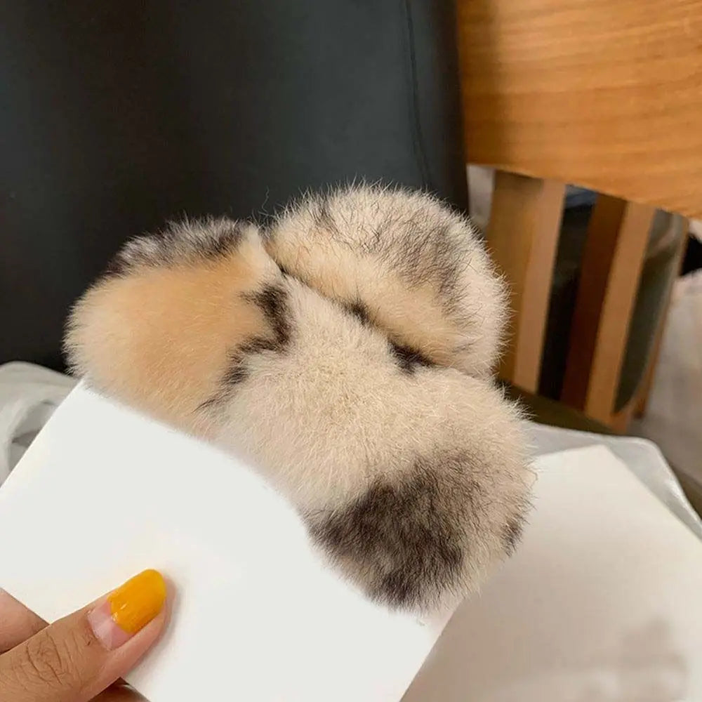 Autumn Winter Headwear Pure Color Rabbit Fur Female Hair Accessories Korean Style Hair Clip Leopard Grasp Clip Plush Hair Claw