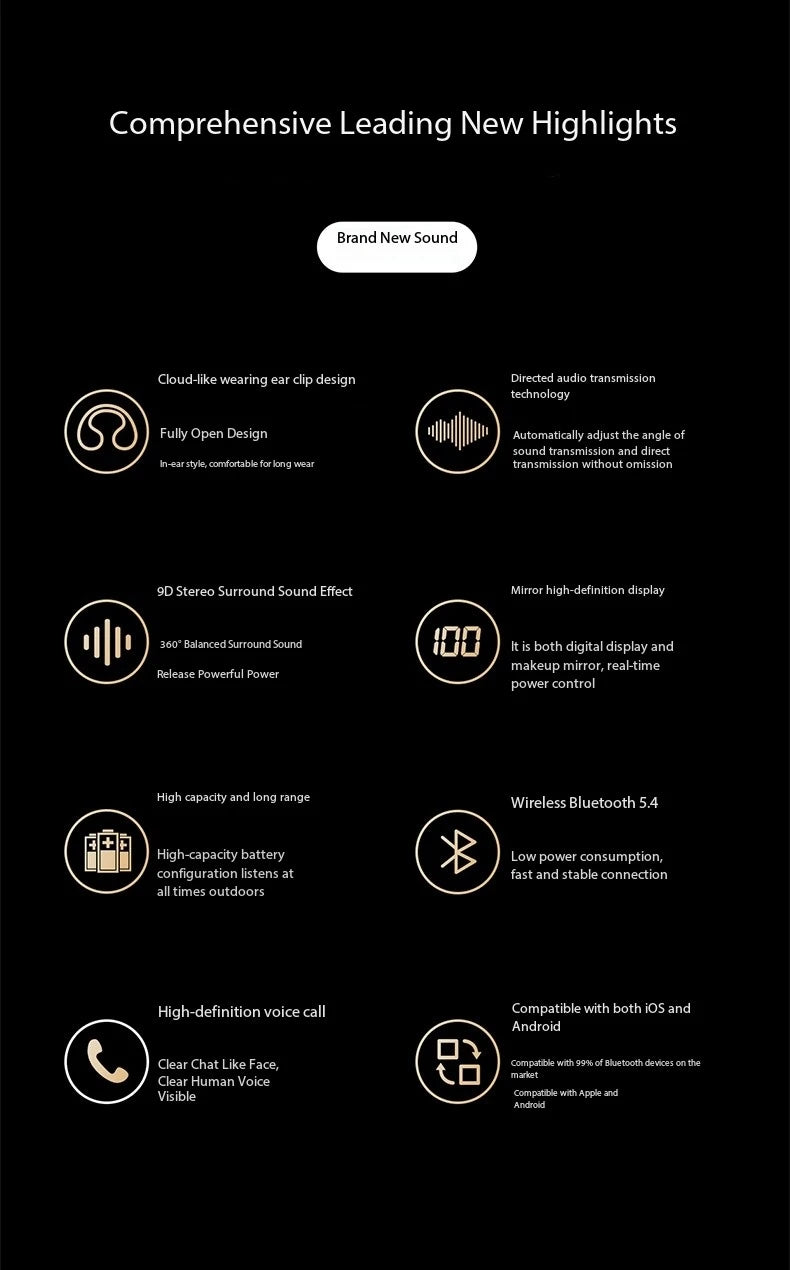 New Mirror Surface Digital Display Soft Silicone Ear Clip Wireless Bluetooth Headphones with Noise Reduction, High-Definition, Lossless for Sports