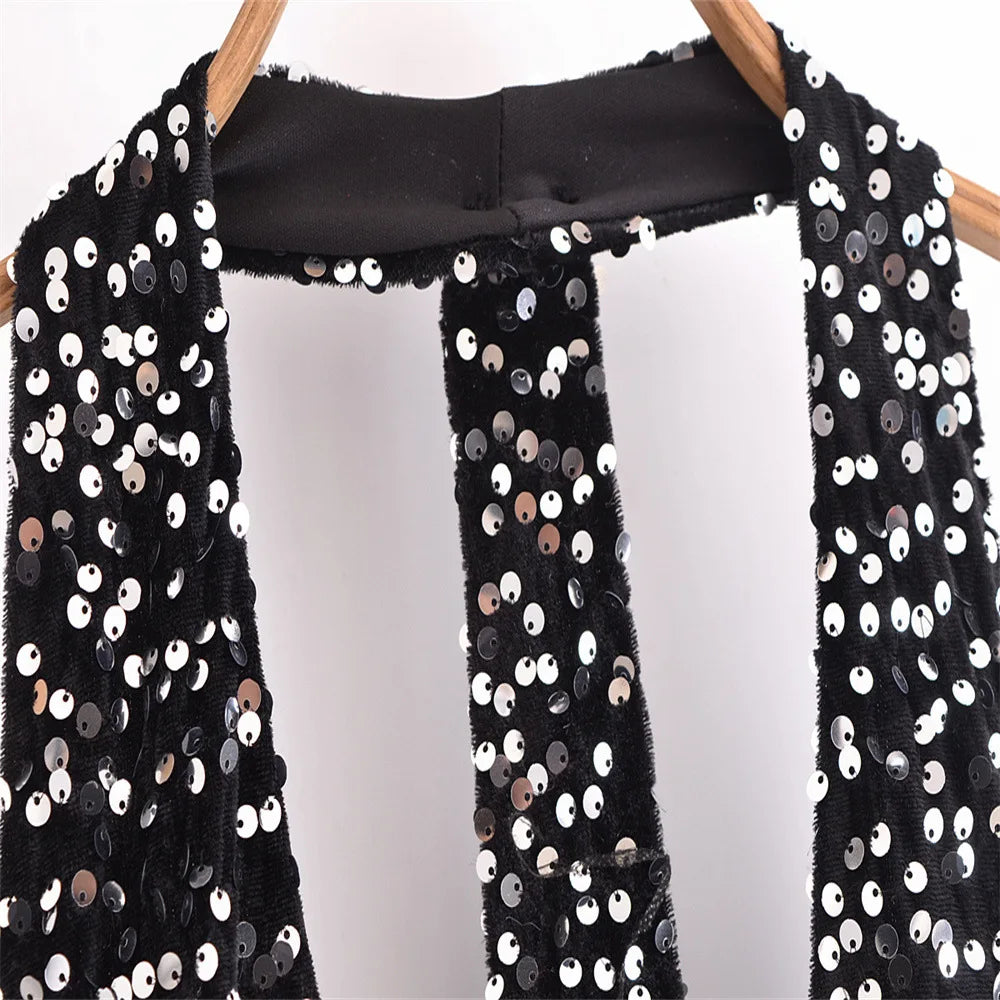 Autumn Winter Women  Sleeveless Slim-fit Sexy Backless Sequin Hanging Neck Mini Dress New Fashion Party Dress for Women Vestido