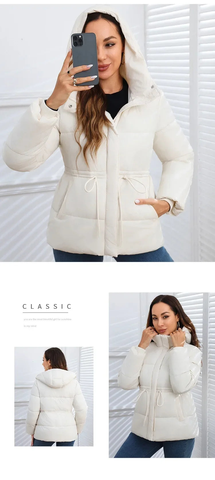 Women's Winter Tops Jacket Cotton Coat Waist Drawstring Hooded Large Size Warm Thickened Vintage Leisure Designed Soft Versatile