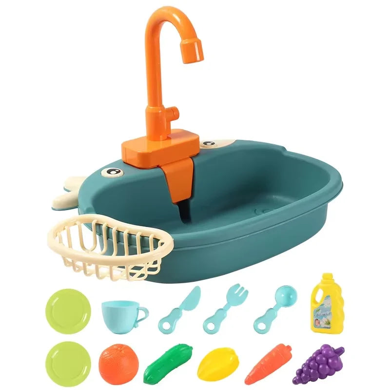 Kids Playhouse Kitchen Set Simulated Dishwasher Sink Hand Basin with Circulating Water Toddler Toys for Boys Girls and Role Play