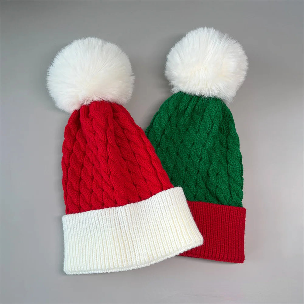 Winter Fur Pom Poms Hat Winter Hat For Adult Kids Hat Knitted Beanies Cap Hat Thick Christmas Xmas Santa  Skullies Beanies
