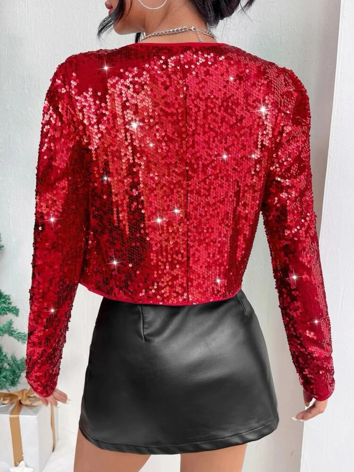 Women's Fashion Stage Top Jacket Red Coats Trendy Rock Style Round Neck Short Sequined Outerwear Куртки Gothic Clothes Women