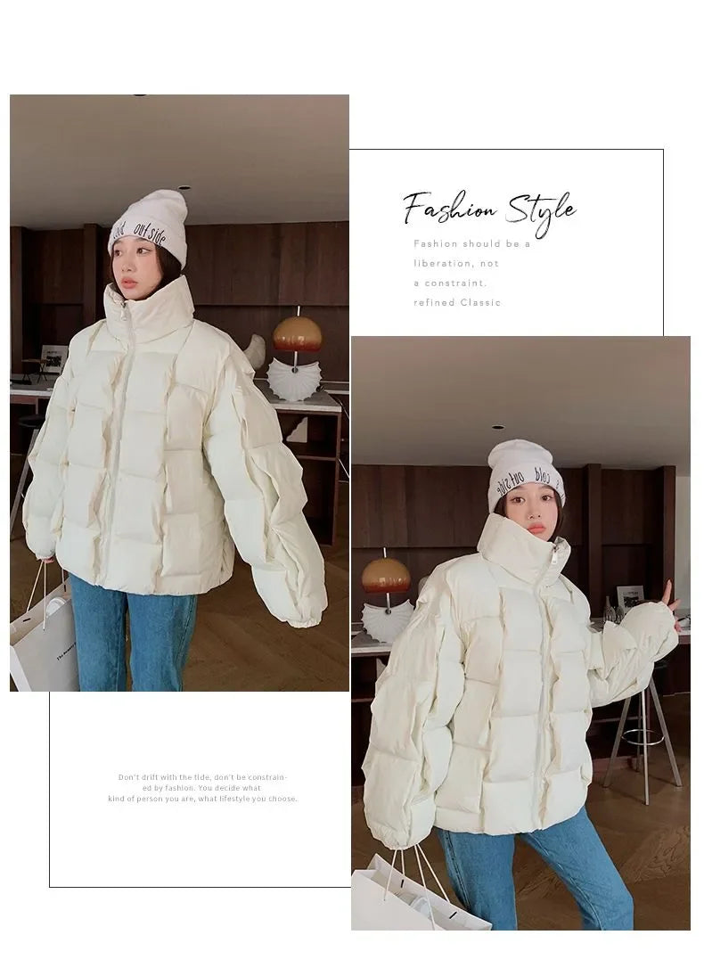 Winter Jacket for Women Three-dimensional Plaid Woven Fashion Coat Solid High Street Warm and Thick 2023 Winter New Down Jacket