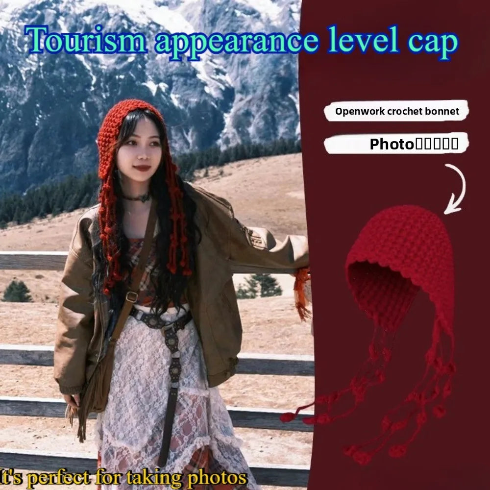 Winter Travel Red Hollow Knit Beanie with Tassel Tie Fashion Hat for Women Cold Weather Accessory