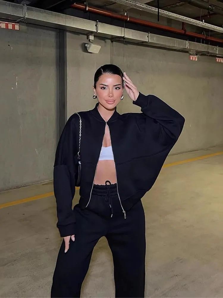 Women Sweatsuit Set Vintage O-neck Zipper Bomber Jackets High Waist Loose Pants Suit Female 2025 Spring Fashion Lady Sportswear