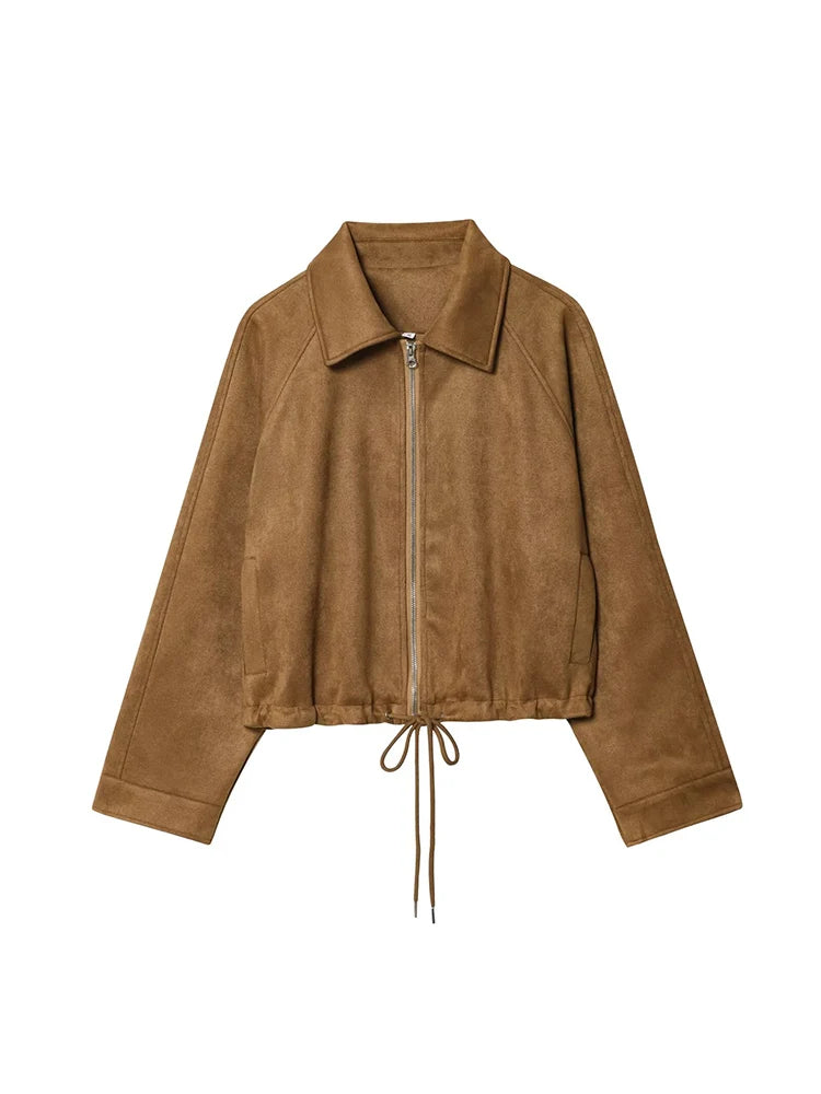Women's Jacket New 2025 Long Sleeve Suede Drawstring Design Short Jacket Casual Fashion Personality Versatile Lapel Coat