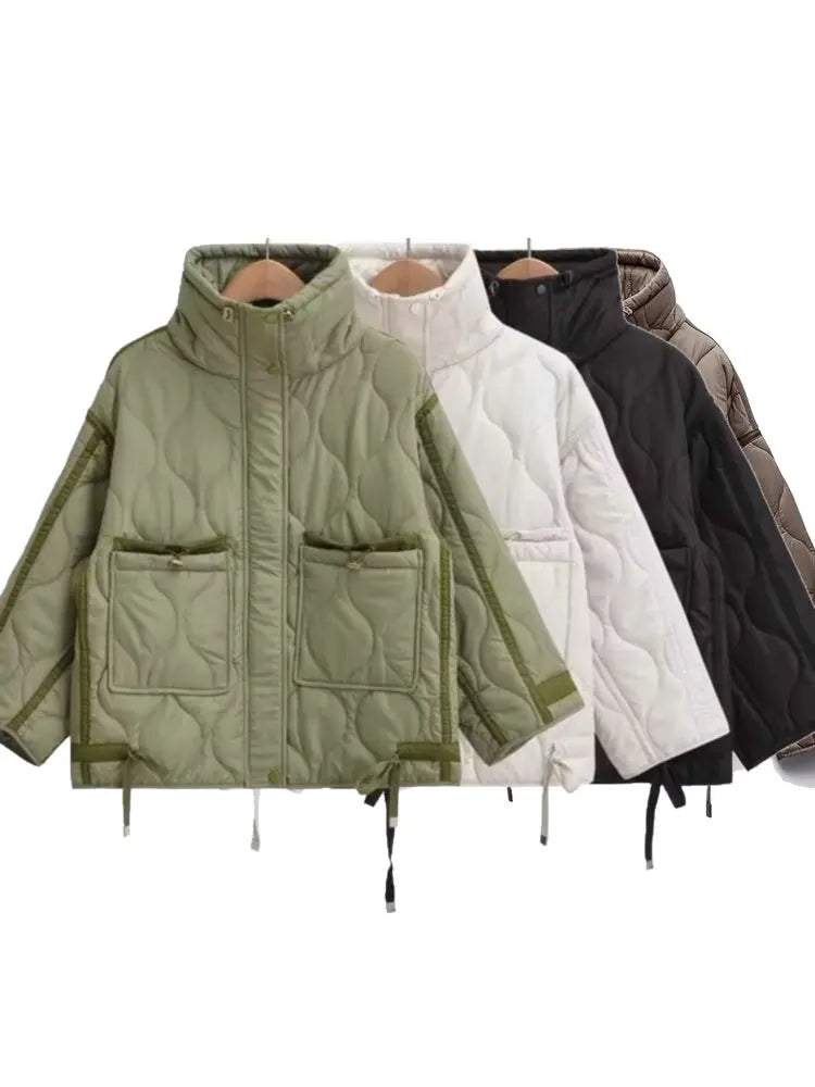 Quilted coat for women ETJ 2024traf QUILTED JACKET WITH TIES new beige drawstring high neck pocket clip cotton jacket for women