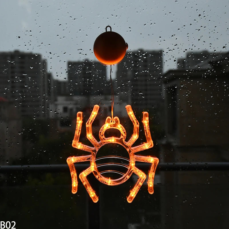 Halloween Orange Window Light Orange Pumpkin Ghost Witch Hat Design LED Sucker Lamp Bar Home Party Hanging Decor Without Battery