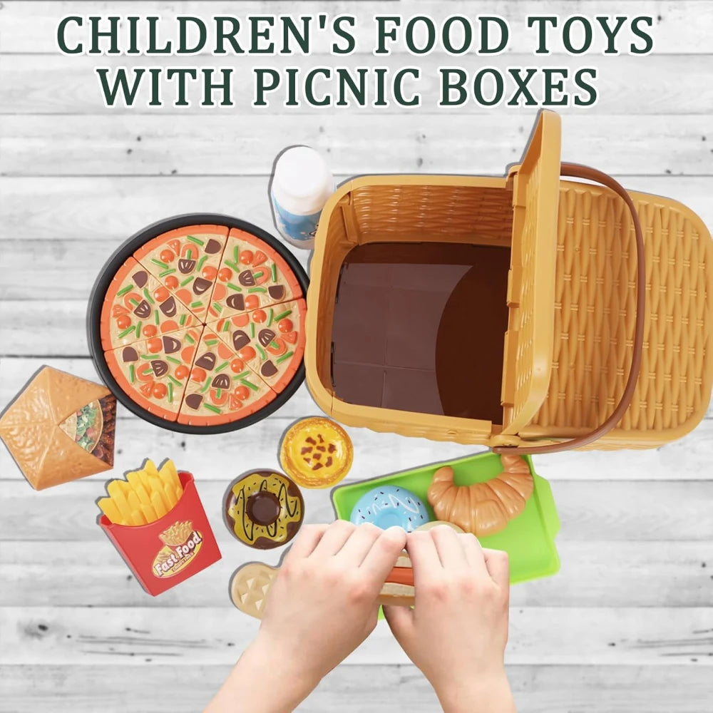 Kids Play Kitchen Toys Set , Pretend Play Food Toys for Toddlers, Plastics Pizza Accessories with Basket, Gifts for Boys Girls